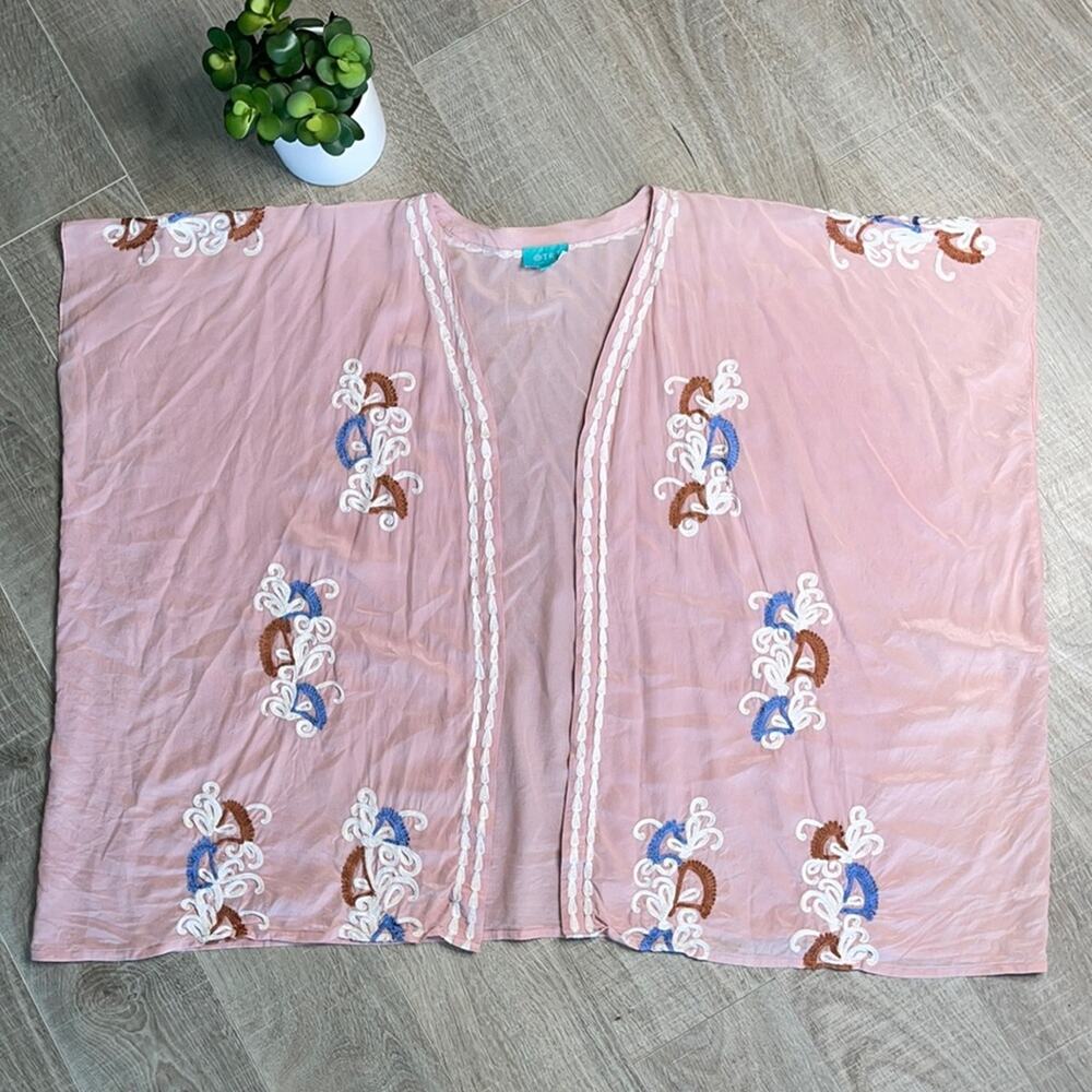 TAJ by Sabrina Crippa Women's Pink Silk Embroidered Open Front Kimono Robe